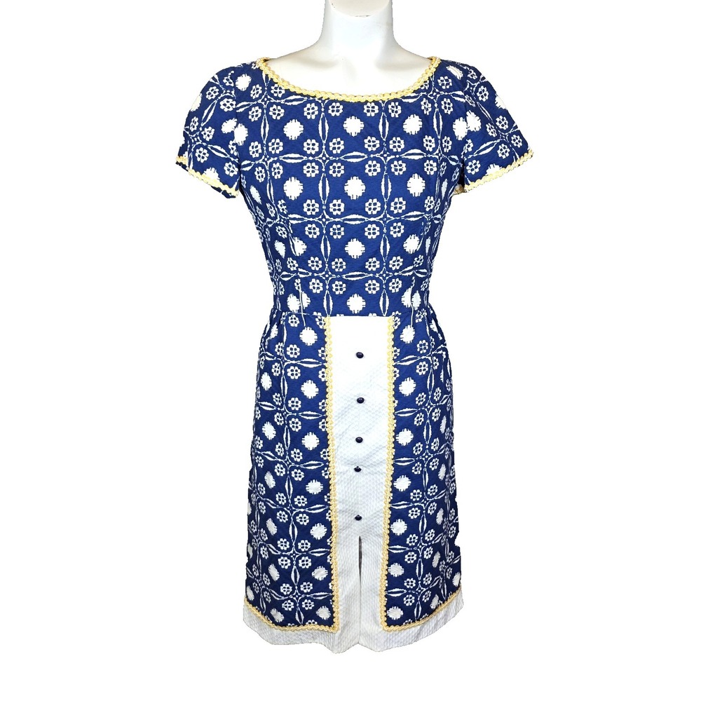 Vtg 60s Vilano Gerardo Livornese Mod Sheath Blue White Yellow Dress Seersucker S
